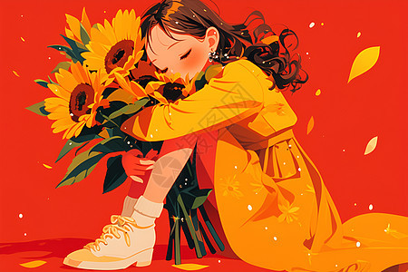 女孩抱着向日葵花朵图片