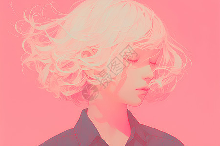 短发女子在柔和的粉红背景前图片