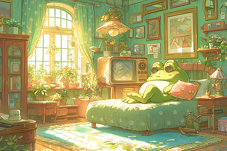 青蛙在床上休憩图片