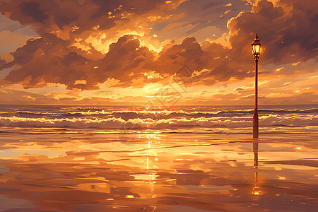 夕阳余晖下的海滩图片