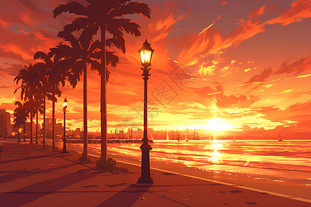 日落海滩街灯照亮的城市图片