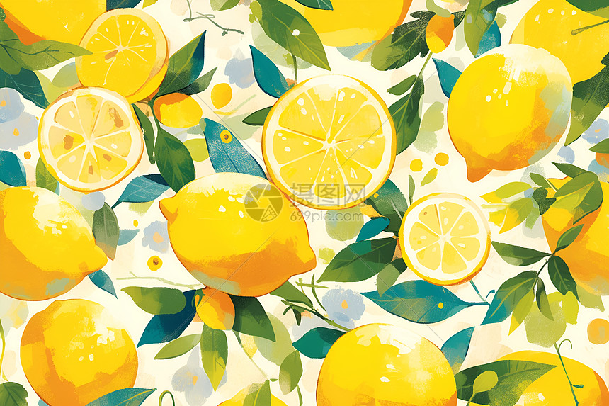 水彩柠檬与叶片图片