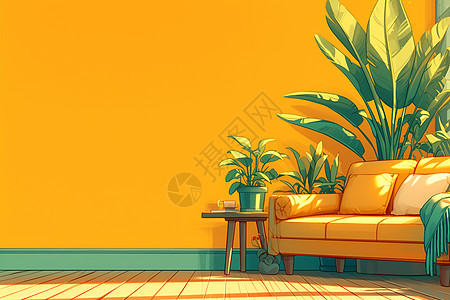 黄色墙壁前的沙发和绿植图片