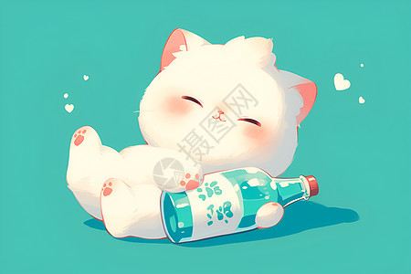 白色猫咪抱着瓶子图片