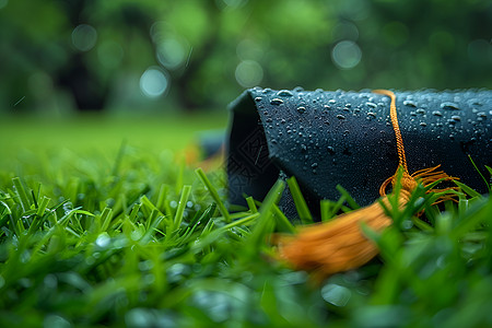 毕业荣耀的展示湿雨中一把带有流苏的雨伞躺在绿草上图片
