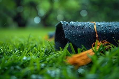 毕业荣耀的展示湿雨中一把带有流苏的雨伞躺在绿草上图片