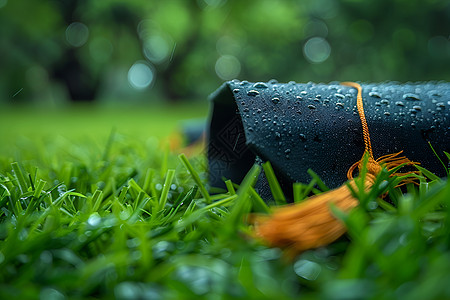 毕业荣耀的展示湿雨中一把带有黄色流苏的雨伞躺在绿草上图片