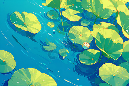 静谧水中的莲叶绘画图片