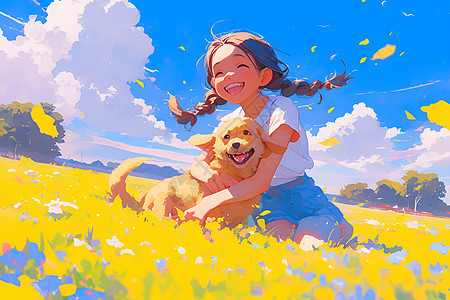草地中的小狗和女孩图片