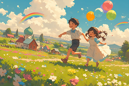 快乐奔跑在草坪上的孩子们图片