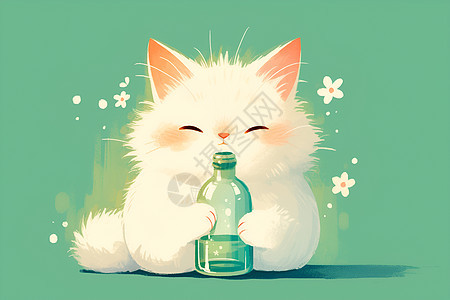 可爱的白猫拿着瓶子图片