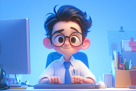 电脑会议室戴着眼镜的男职员插画