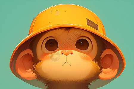 可爱的胖水猴戴着橙色无檐帽子表情可爱的皱起眉头大大的卡通眼睛使用3浮雕技术设计灵感来自皮克斯和迪士尼的有趣风格在渐变色背景下展示图片