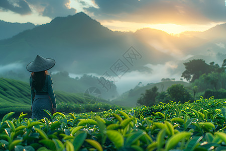 日出时分的采茶人背景