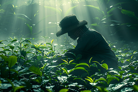 新品春茶阳光下采摘茶叶的农民背景