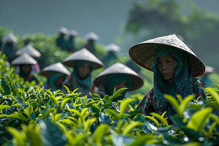 茶园中一群茶农图片