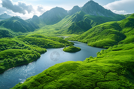 河流湖泊翠绿山谷的河流背景
