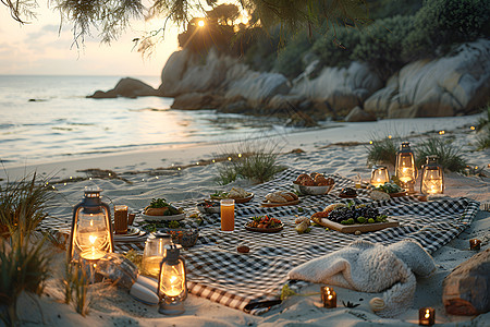沙滩上的烧烤野餐图片