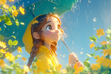 雨中少女和黄色花朵图片