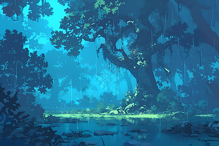 雨中森林的宁静景观图片