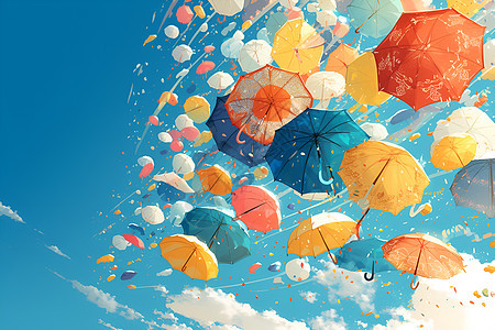 绚丽色彩的伞飞向天空图片