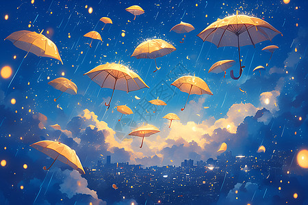 星空下飘动的雨伞插画