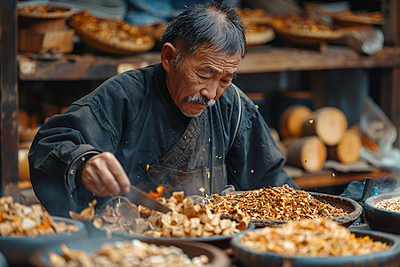 中药师细心称量草药图片