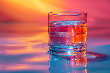 炫彩桌面上的玻璃水杯图片
