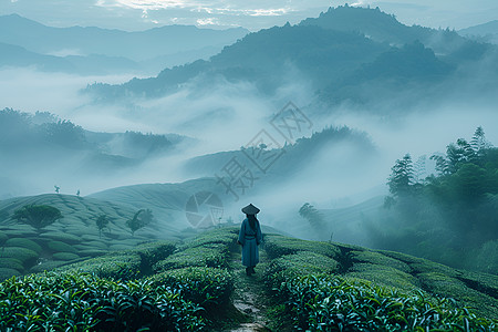 茶园里戴着斗笠的茶农图片