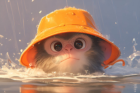 大雨中戴黄帽的猴子图片