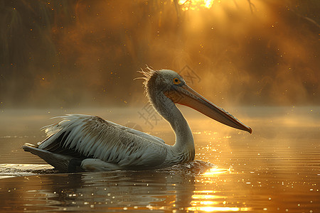 湖畔晨光下的优雅鹈鹕高清图片