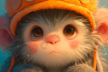 可爱小猴戴着橙色帽子图片