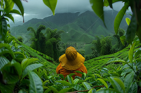 女工在山上采茶图片