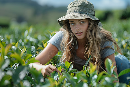 茶园里的采茶工戴着渔夫帽图片