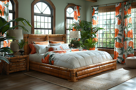 卧室里的竹架床图片