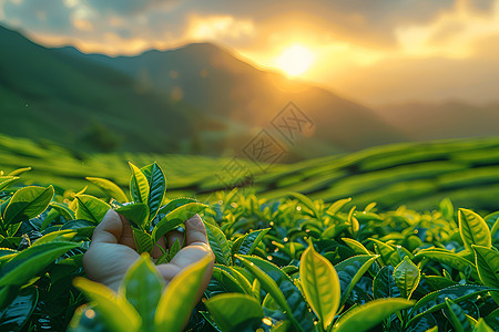 茶农在晨光下摘取茶叶图片
