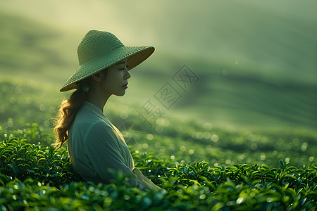 宁静茶园中的采茶女工图片