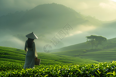 采茶女工带着竹篓图片