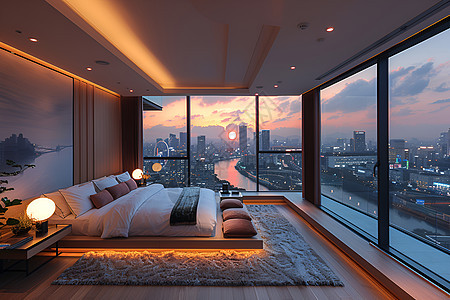 浪漫城市夜景下的卧室图片