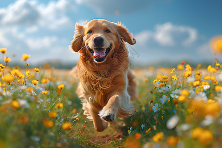 欢快金毛犬畅跑花海图片