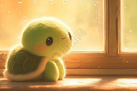 毛绒龟玩偶坐在窗台上图片