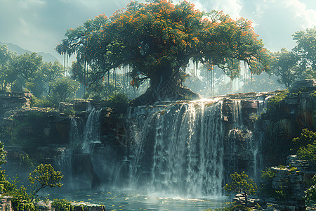 巴厘岛泻湖大树下的瀑布插画