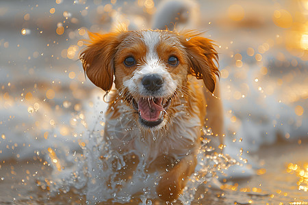 夕阳下的海滩田园犬图片