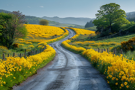 公路素材公路两边的油菜花插画