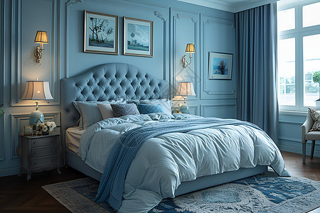 蓝色的恬静卧室图片