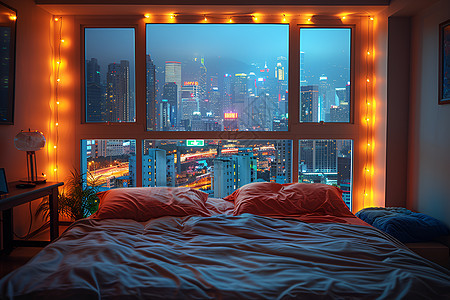 夜晚卧室的大床图片