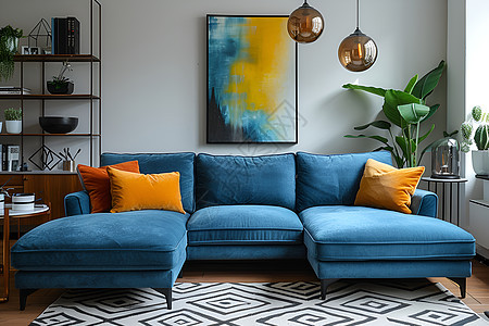 蓝色沙发摆放在客厅中图片