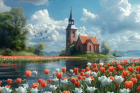 湖边的教堂图片