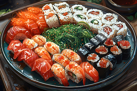 卷寿司盘子里的海鲜寿司插画