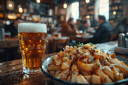 餐厅里的薯条和啤酒图片